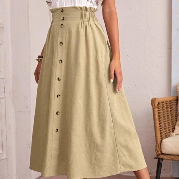 Emery Rose Button Front Paper Pocket Waist Skirt Khaki - Picture 4 of 6